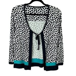 Simply Art By Dolcezza Tie Front Cardigan Topper Large Black White Blue Trim